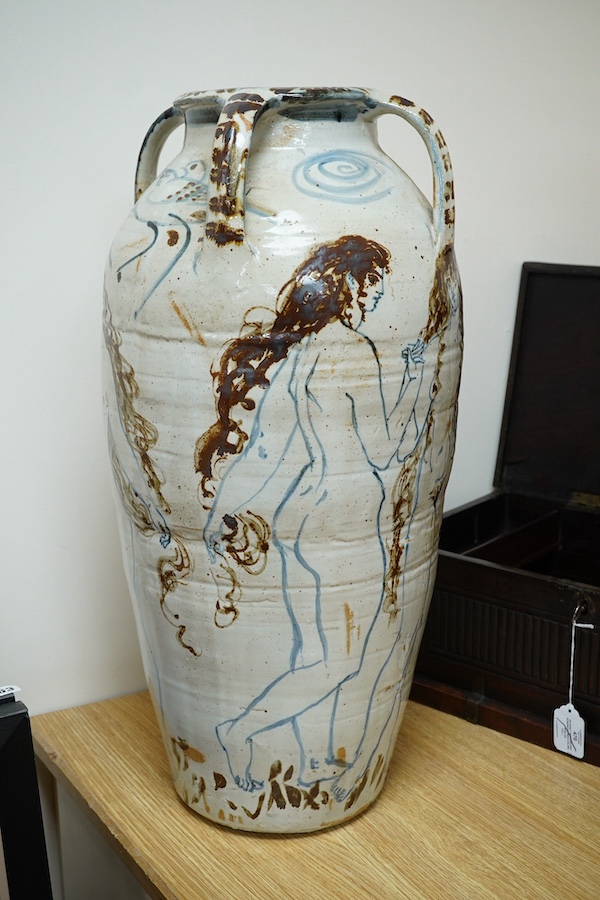 Seth Cardew (1934-2016), a tall Wenford Bridge Stoneware vase, painted with a running band of standing naked female figures holding hands, the outer rim with impressed mark, 67cm high. Condition - fair, shallow chip to b